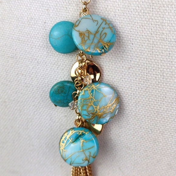 Gold & Marbled Turquoise Like Stone Fringed Beachy Vibe Lariat Bolo Necklace - Picture 3 of 12